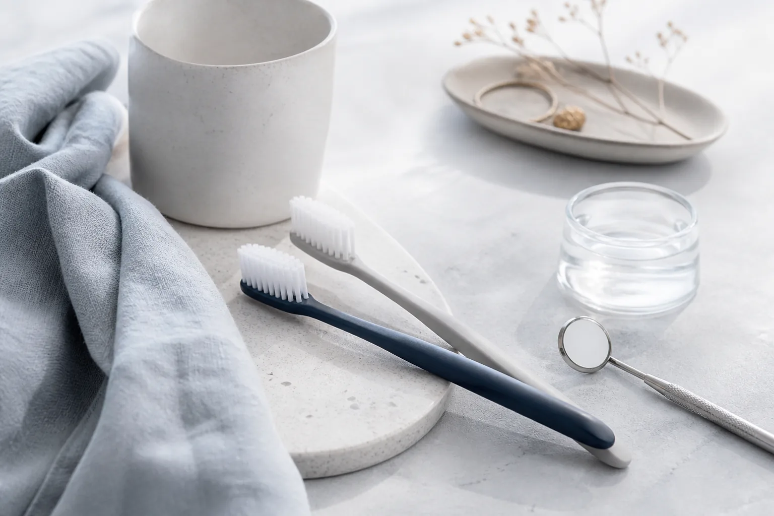 Açık renkli zeminde iki diş fırçası ve sade dental bakım objeleri.
