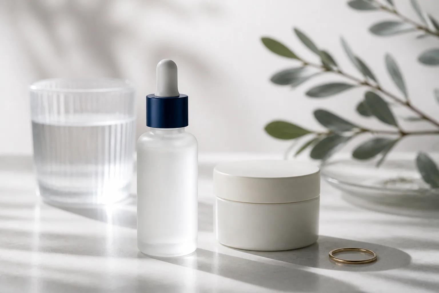 Açık zeminde etiketsiz serum şişesi, krem kavanozu ve yumuşak yeşil yapraklar.
